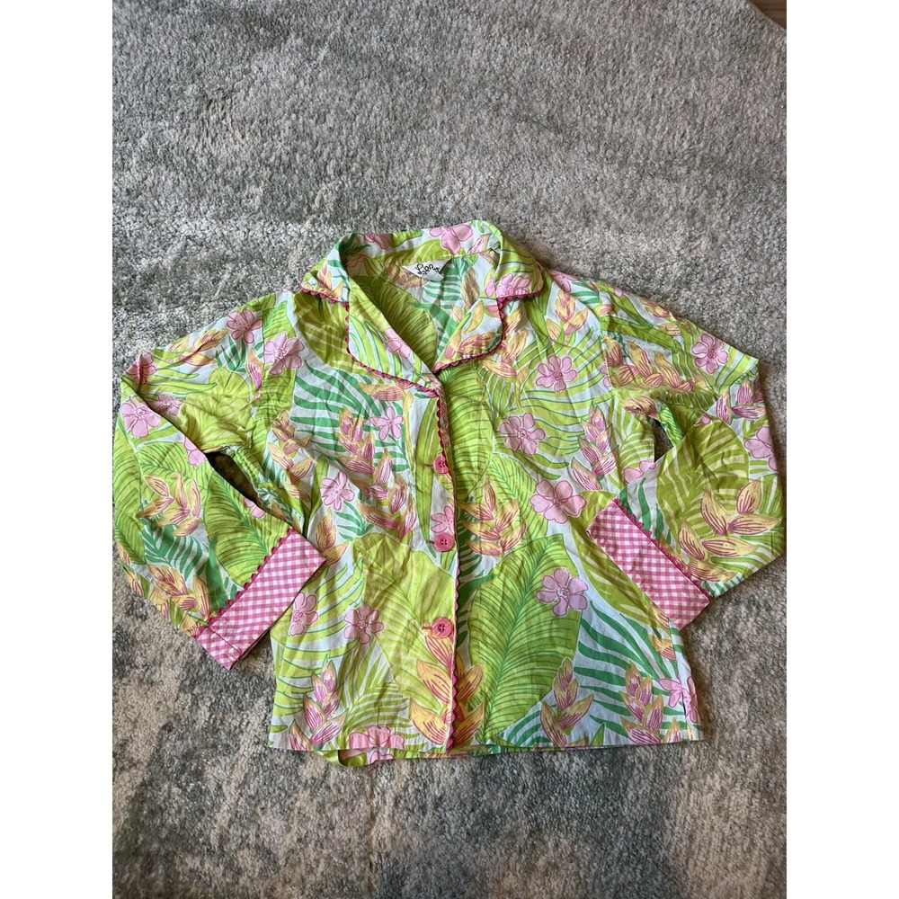 Lilly Pulizter Vintage Cotton Pink Green Floral Pajama PJ Botanical Garden Top S